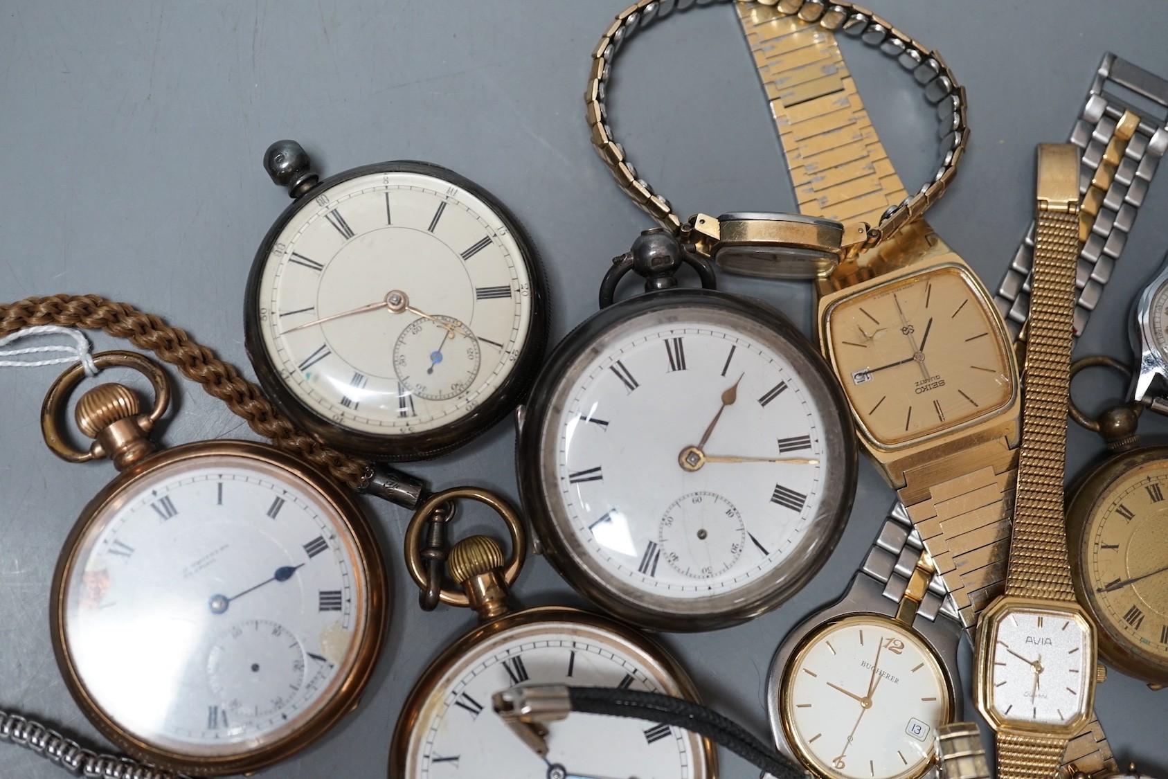 Four assorted pocket watches including tow silver and two gold plated, a brass cased fob watch and a group of sundry lady's and gentleman's mainly modern wrist watches, including Pulsar.